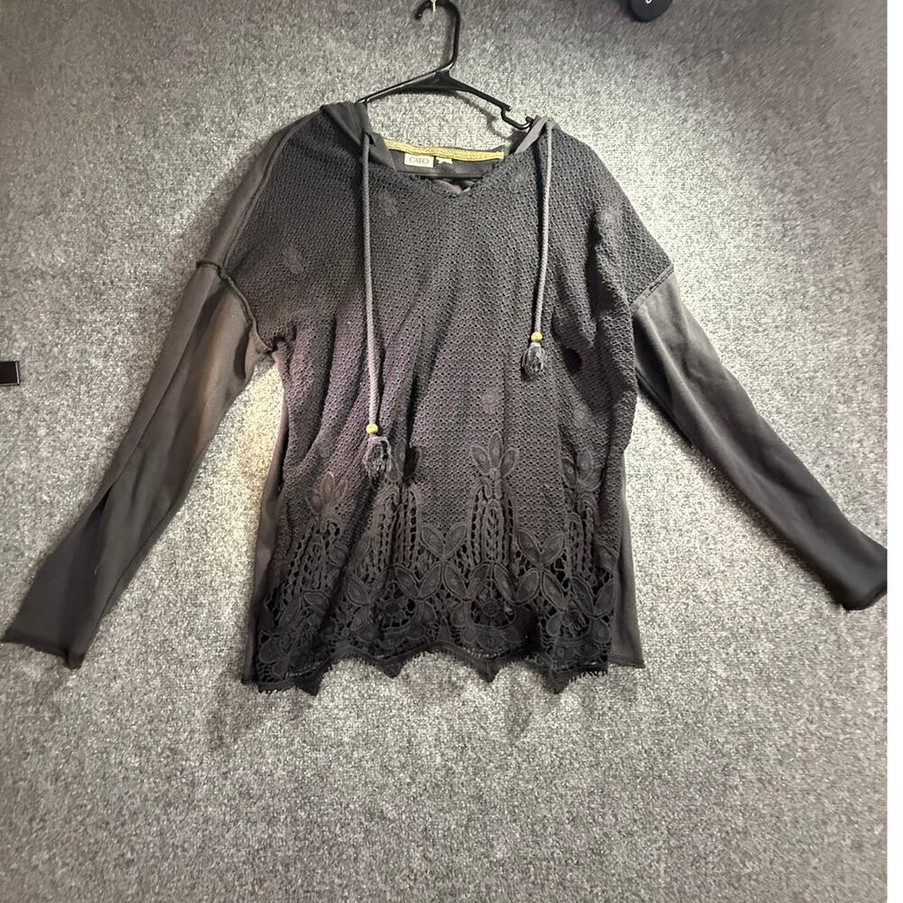 Cato Women's Black Mixed Media Sheer Crochet Lace Knit Pullover Hoodie